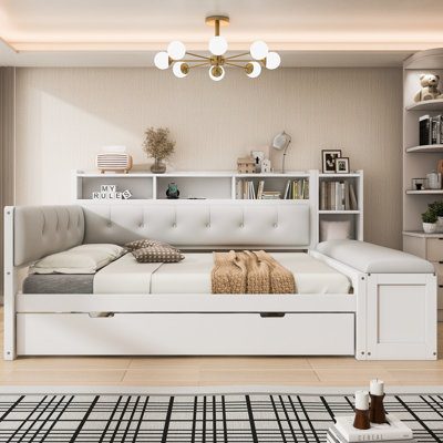 Full Size Wood Daybed with Trundle, Storage Shelves, Bench, USB Charging Station & Upholstered Headboard, White+Cream White Cushion by Latitude Run