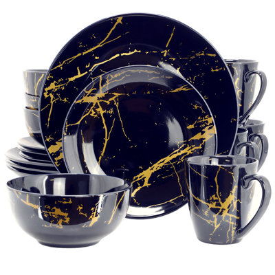  Opulence 16 Piece Ceramic Dinnerware Set with Gold Veining