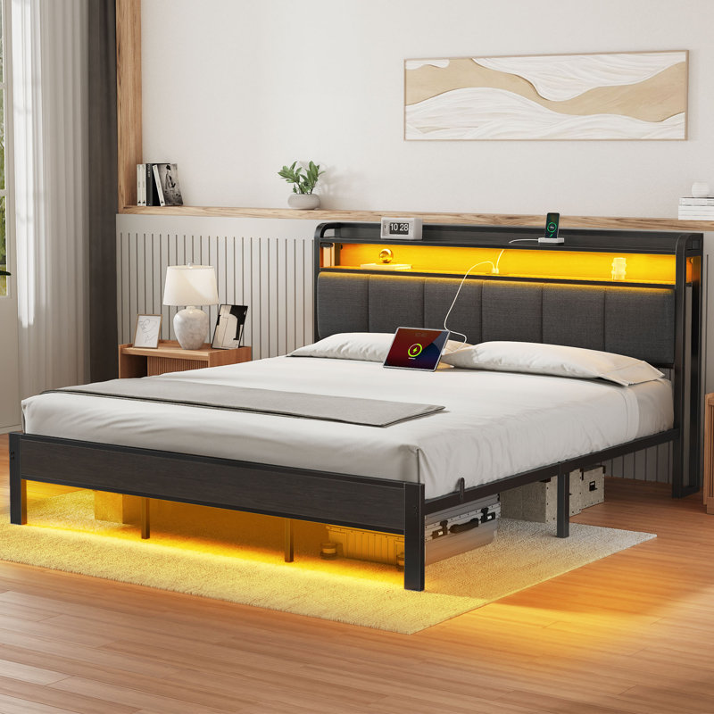 Modern Upholstered Platform Bed with Headboard, USB Charging Station & LED Lights, Full, Gray, No Drawer