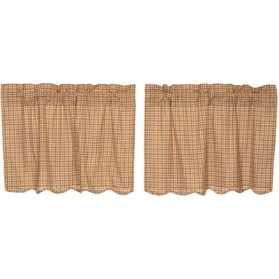Lorena Plaid Cotton Ruffed 36" Cafe Curtain in Tan/Burgundy/Navy