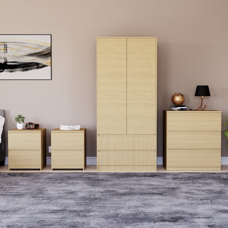 Tanino 4 Piece Bedroom Set (2 Drawer Large Bedside Chest X2, 3 Drawer Chest, 2 Door 2 Drawer Wardrobe), Beige