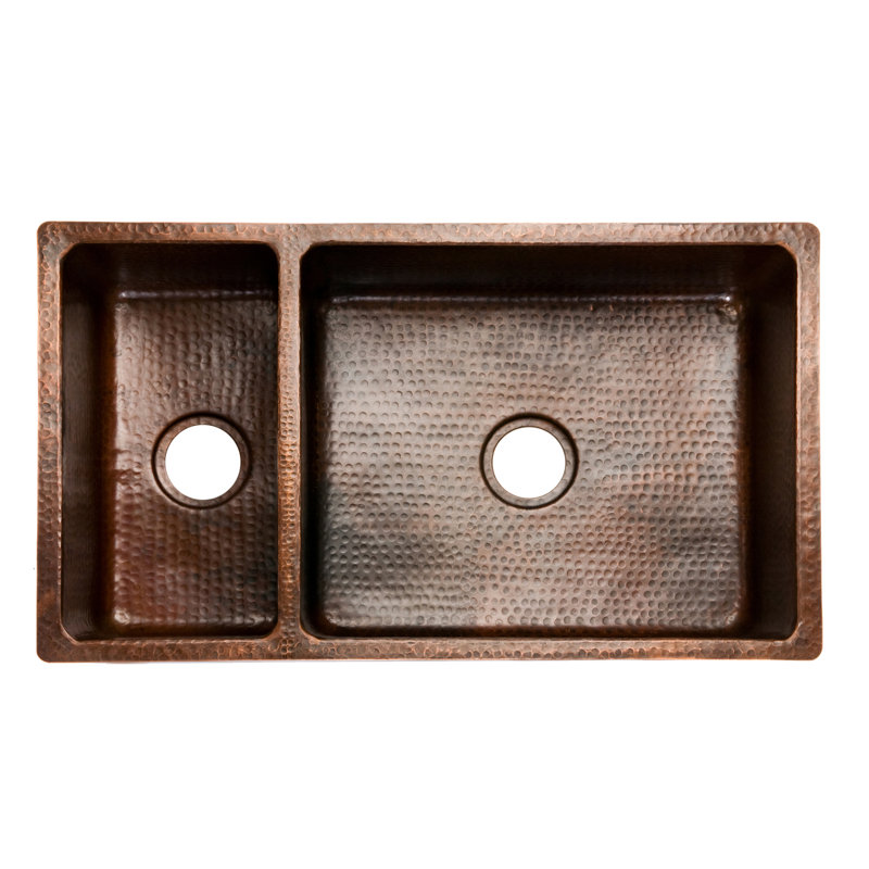 33" Hammered Copper 25/75 Double Basin Kitchen Sink