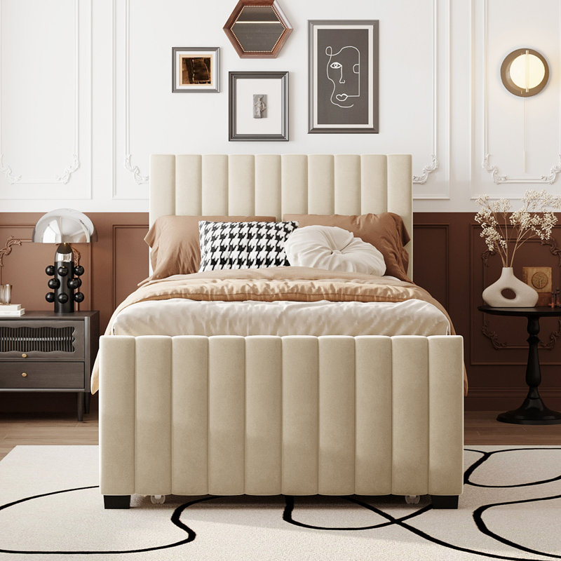 Lit plateforme tapissier simple en velours avec lit gigogne simple, beige, Beige