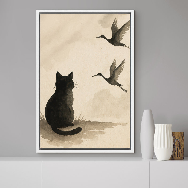 Chat noir regardant des grues volantes, impression sur toile encadrée, H 36 po x l 24 po x P 1,5 po, Cadre blanc