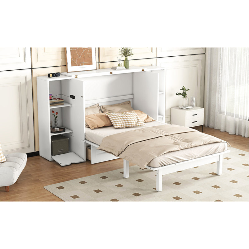 Lit grand format avec options de rangement, tablettes, tiroirs et solutions blanches, Blanc, Grand lit