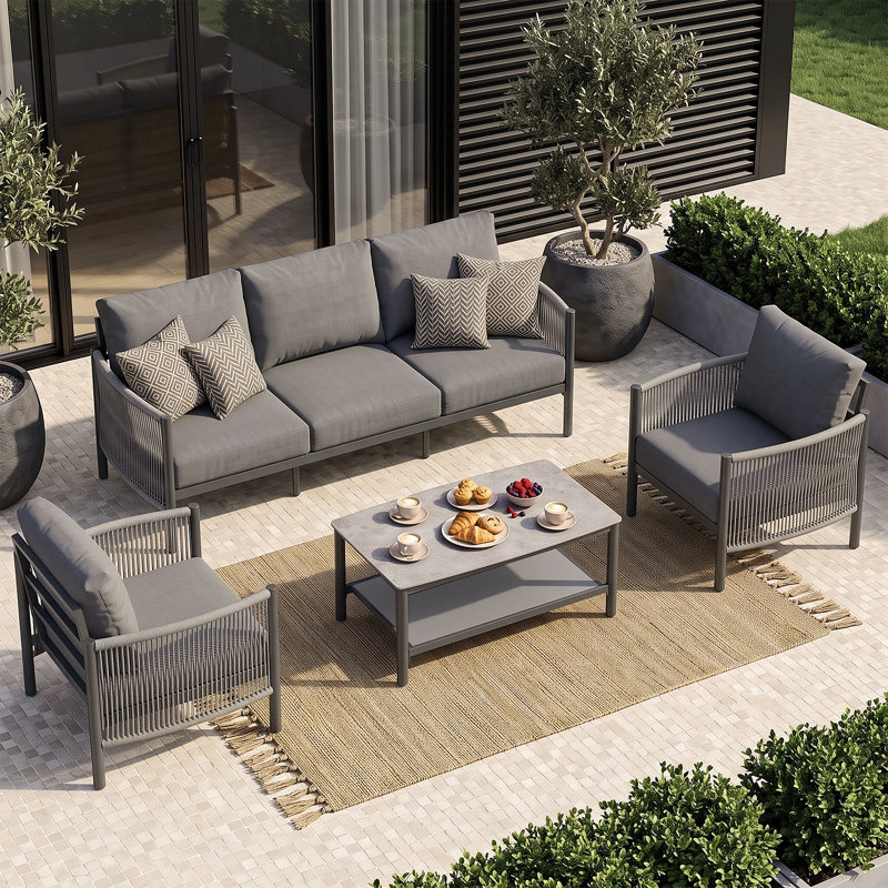 Canapé de patio 3 places en aluminium de style bohème, 188 cm (74 po), avec coussins haute densité de 15 cm (6 po) d'épaisseur et design en corde HDPE.