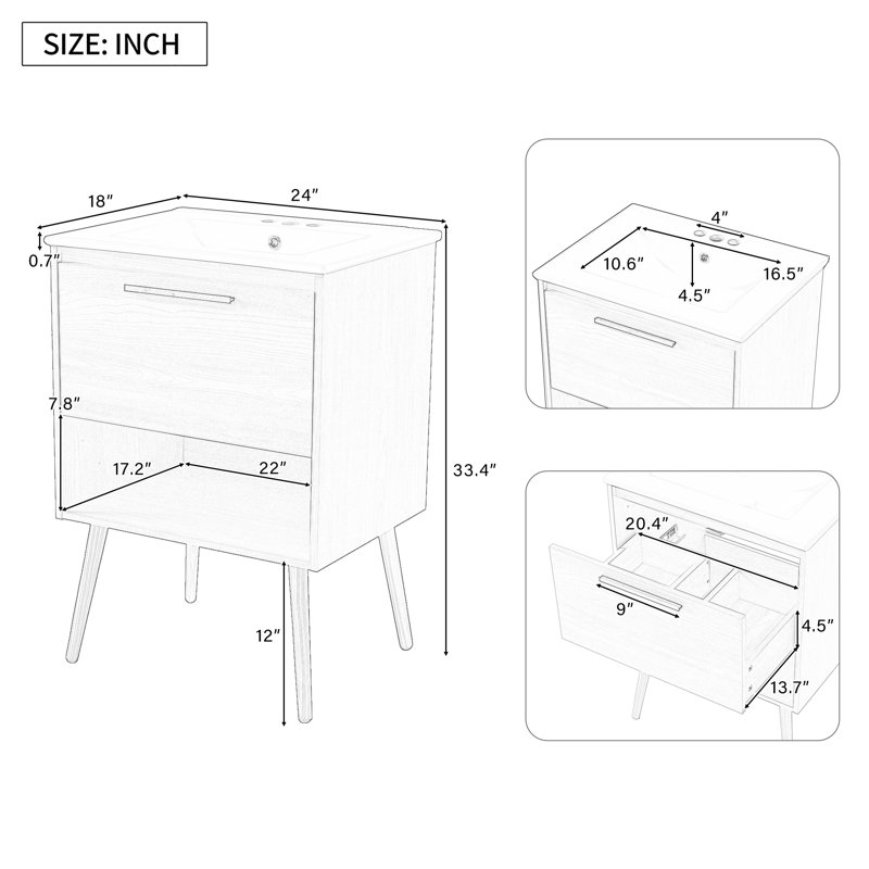  Armoire de meuble-lavabo 24 po avec tiroir en MDF multifonctionnel naturel