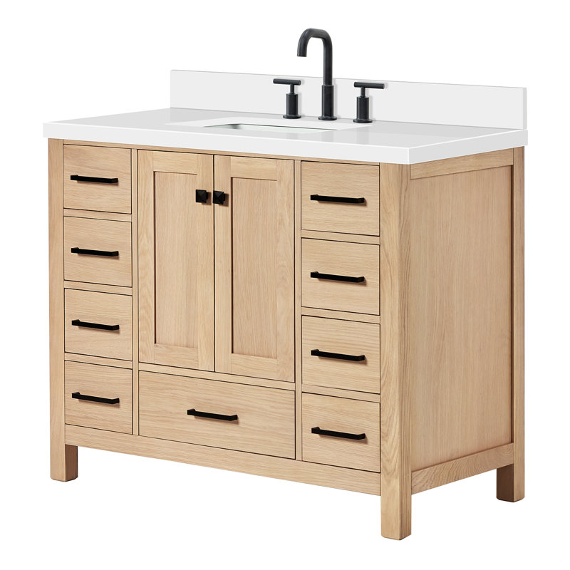 Cambridge X P 22 po P 36 po Coiffeuse en H avec comptoir en quartz blanc avec lavabo, Rectangular, Chêne / noir mat