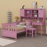 Multifunctional Wood Platform Bed With Bookshelf At The Head Of The Bed, Built-In Desk And Matching Chair