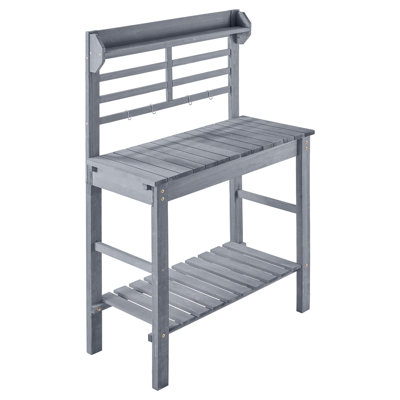 Potting Bench Table, 37-55in Adjustable Wood Tabletop, Outdoor Gardening Workstation with Sink, Garden Work Station with Storage Shelves, Hooks for Patio, Backyard, Classic Grey
