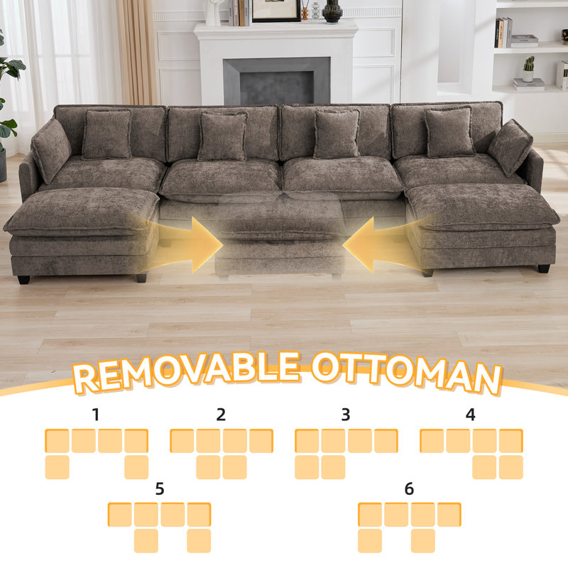 Chenille Upholstered Sectional Sofa Couch with Ottoman, Brown, 6