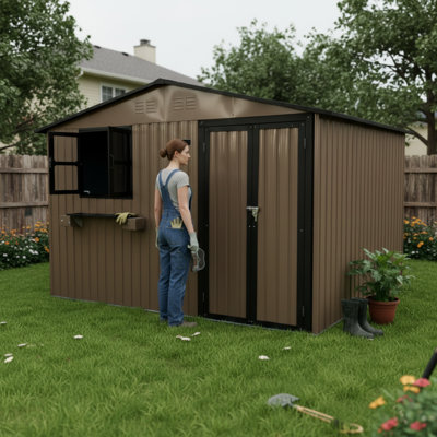 Remise de rangement extérieure en métal 10 pi x 8 pi avec fenêtre et support à fleurs, remise à outils verrouillable à deux portes, remise de jardin imperméable et imperméable pour patio, brun noir