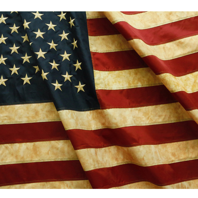Vintage Style Tea Stained American Flag with Embroidered Stars