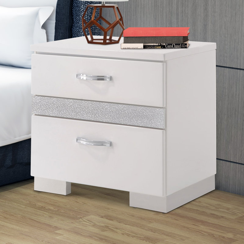 Majorca 3 Drawer Nightstand, Glossy White & Silver Finish Solid Wood Bedside Table with Metal Handle