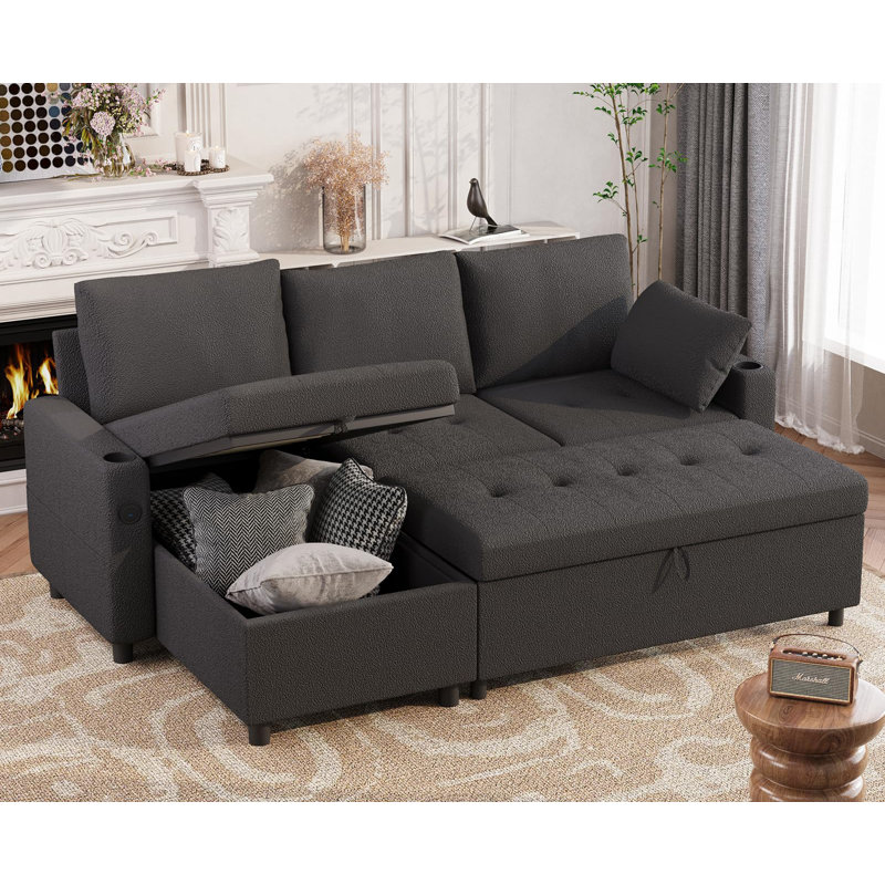 83.5''sleeper Sofa Couch With Pullout Bed, L-shaped Convertible Couches, Black Teddy