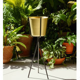 Jardinière en métal doré 31,5 po avec trépied noir chic, fabrication artisanale en fer - 8,75 po x 8,75 po x 31,5 po