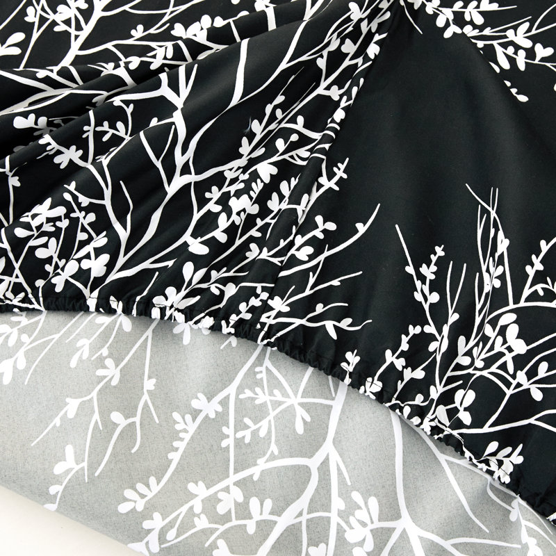 Ensemble de draps en microfibre Foliage, Ensemble de draps pour lit simple avec un drap-hou, Noir/Ivoire