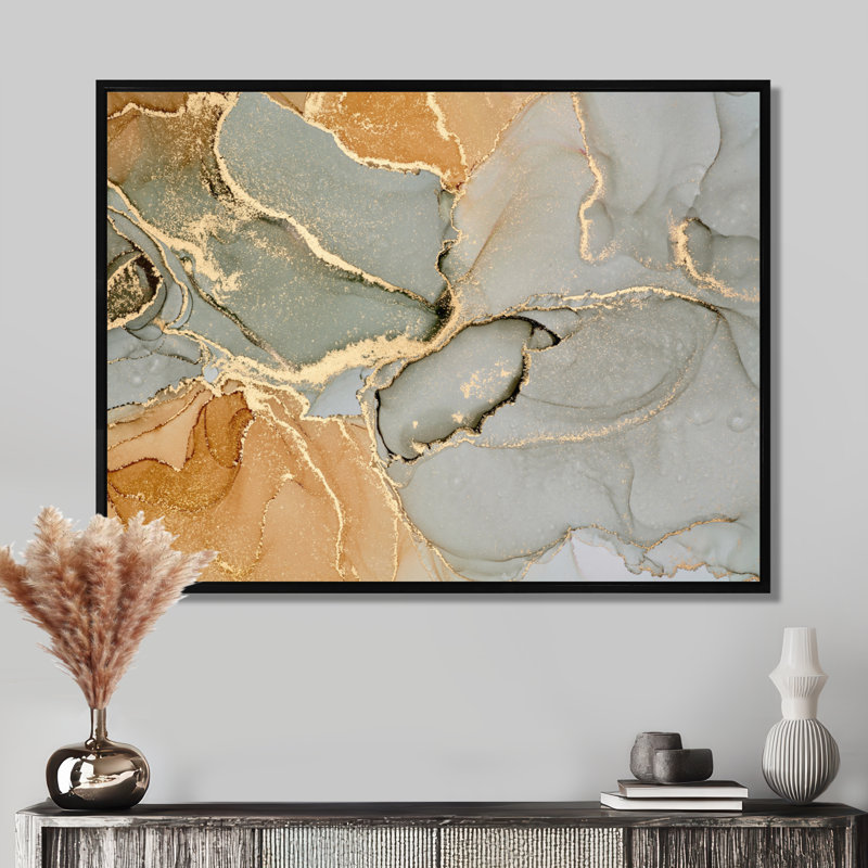 «Brown Luxury Abstract Fluid IV», peinture sur toile, H 34 po x l 44 po, Reproduction avec cadre flottant, Noir