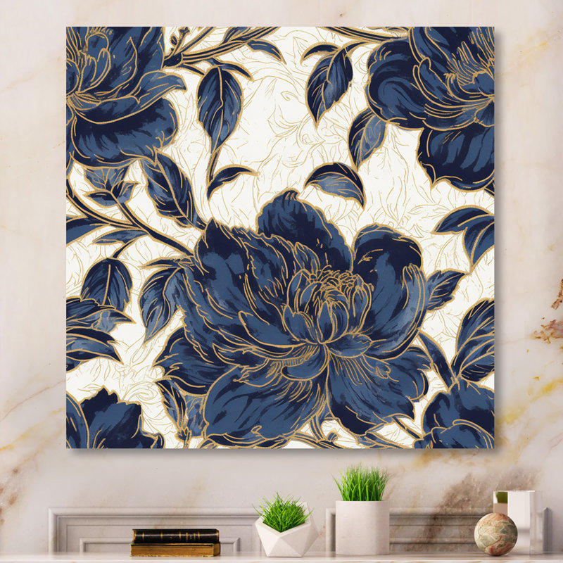Blue Gold Peony Symphony IV sur impression métallique, H 36 po x l 36 po x P 1 po