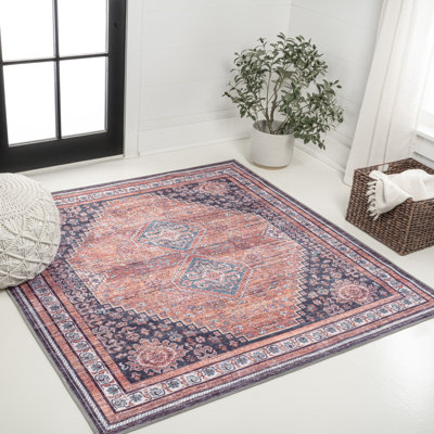 Lesandra Geometric Medallions Machine-Washable Terracotta/Navy Rug