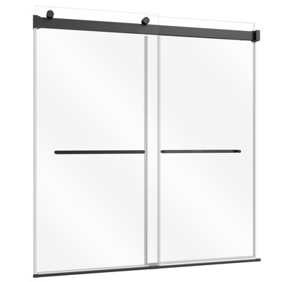 Porte de douche/baignoire coulissante sans cadre 152 cm x 152 cm, noire, verre trempé transparent 8 mm, double porte coulissante avec 2 poignées en acier inoxydable, revêtement nano