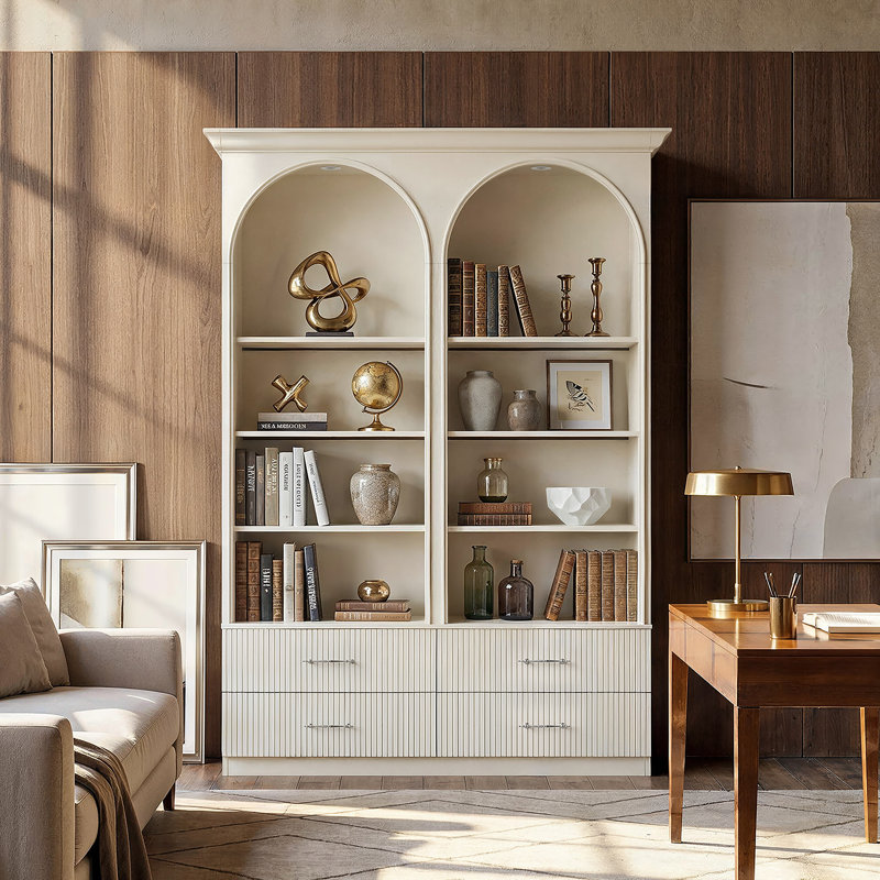 Alderman 92.5" H Bookcase With Double Arched Open Shelves & 4 Drawers
