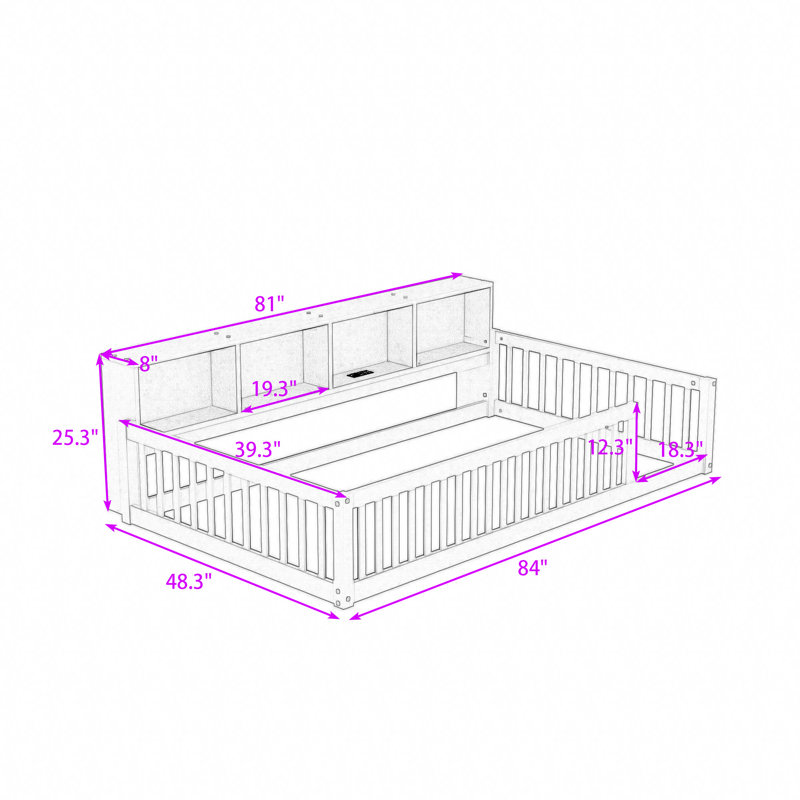 Wood Twin XL Floor Bed with Built-In Storage Shelves and USB Charging Ports, White