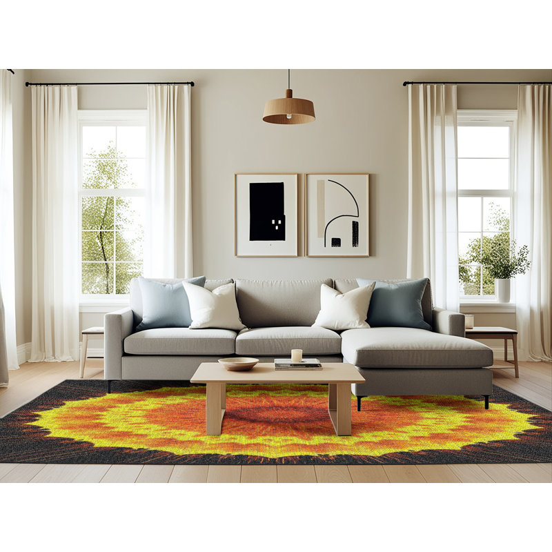 Tapis noir/jaune/orange tissé à la machine, Rectangle 6 pi x 9 pi
