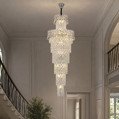 24-Light K9 Crystal Waterfall Staircase Chandelier for Foyer & High Ceilings