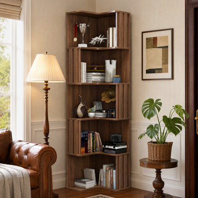 68.9"H x 17.72"W 5‑Tier Space‑Saving Corner Bookshelf with Curved Safe Edges, For Living Room, Bedroom, Kitchen, and Office