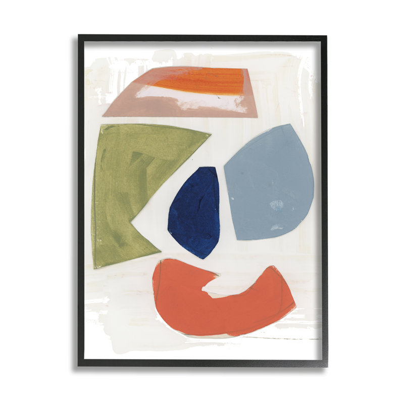 Collage de formes abstraites, vert, orange et bleu par un artiste inconnu - impression, Giclée encadrée noir minuit