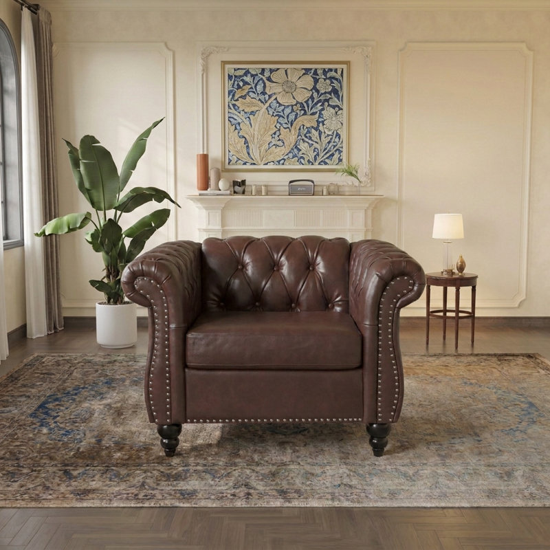 38.98" Chesterfield Armchair, Faux Leather Tufted Accent Chair with Rolled Arms and Nailhead Trim, Dark Brown