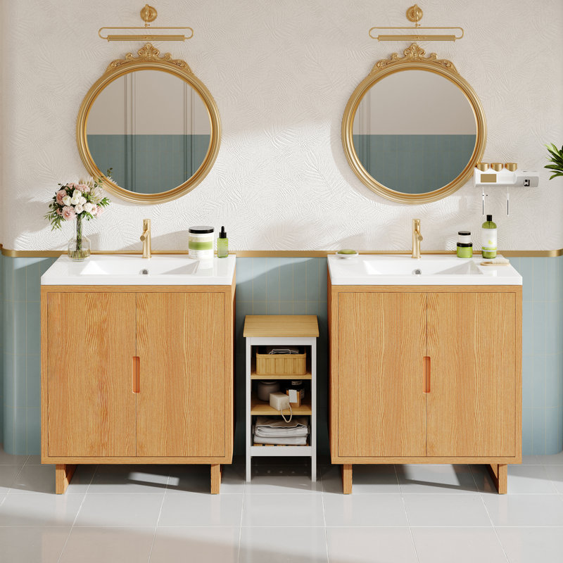 60" Double Bathroom Vanity With Resin Top, Burly Wood