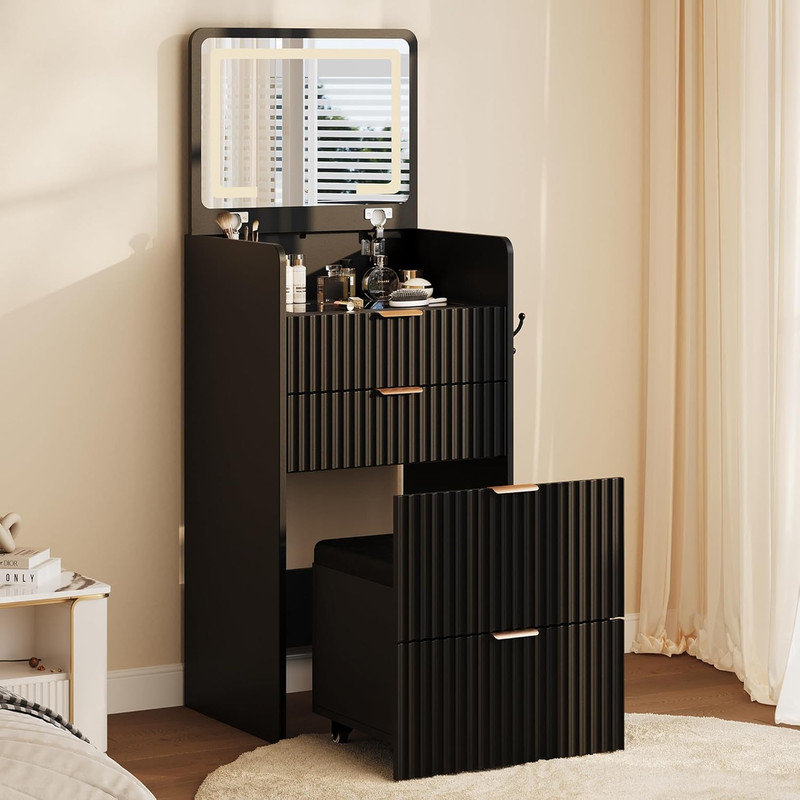 3-in-1 Compact Vanity Desk with Flip Top Mirror & Lights, 3 Drawers & Rolling Stool, Modern Makeup Table with Charging for Bedroom