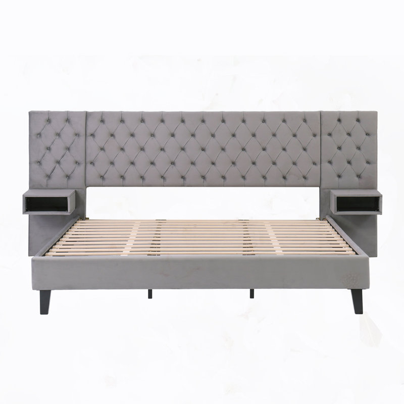 Lit plateforme tapissier moderne en velours avec 2 tables de chevet, Gris