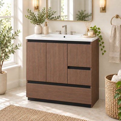 Meuble-lavabo simple de 91 cm (36 po) avec lavabo en céramique et prise électrique intégrée - Blanc