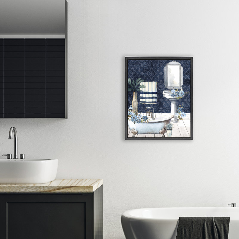 Cadre flottant Blue Bath Floral Scene, design par Kim Allen, Cadre flottant noir de jais, H 21 po x l 17 po