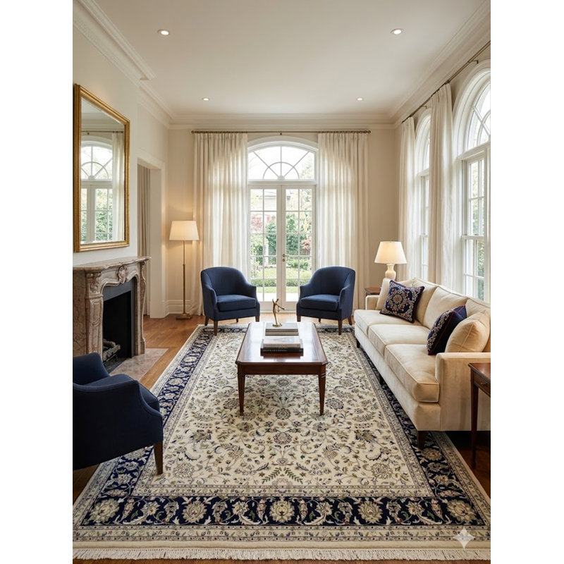 Tapis oriental crème Indo-Nain 9 x 12 | Taille exacte: 9 pi 1 po x 12 pi 1 po