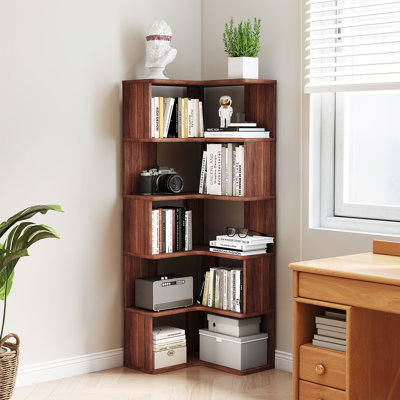 5-Tier Corner Bookshelf, 62.2" Tall Wooden Bookcase with Baffle, Large Modern Display Rack for Living Room, Home Office Storage, Walnut
