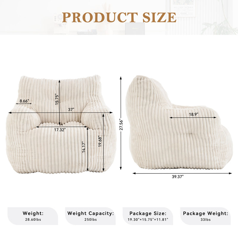 Soft Fluffy Corduroy Fabric Bean Bag Chair Filled With Memory Sponge, Beige Corduroy