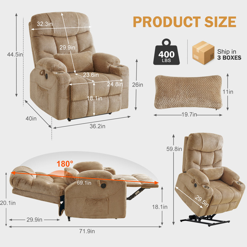 Zisel Oversized Dual Motor Lay Flat Power Lift Recliner Chair For Big & Elderly People With Massage, Heating, USB & Type-C Ports, Beige