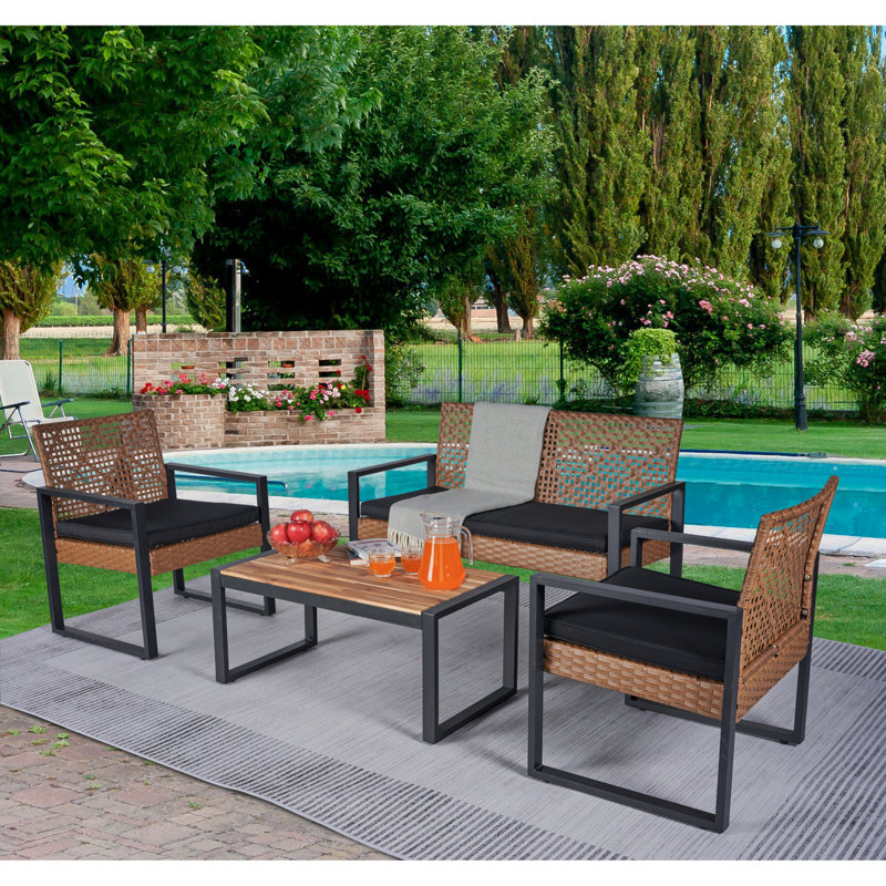 Mobilier de balcon extérieur: 4, table, brun, chaises ergonomiques, rouille - Structure 4: rouille - Coussins