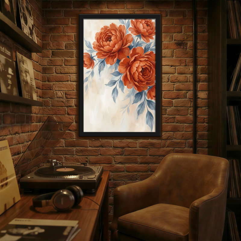 Plantes et fleurs roses oranges avec motif de feuilles bleues, H 24 po x l 36 po
