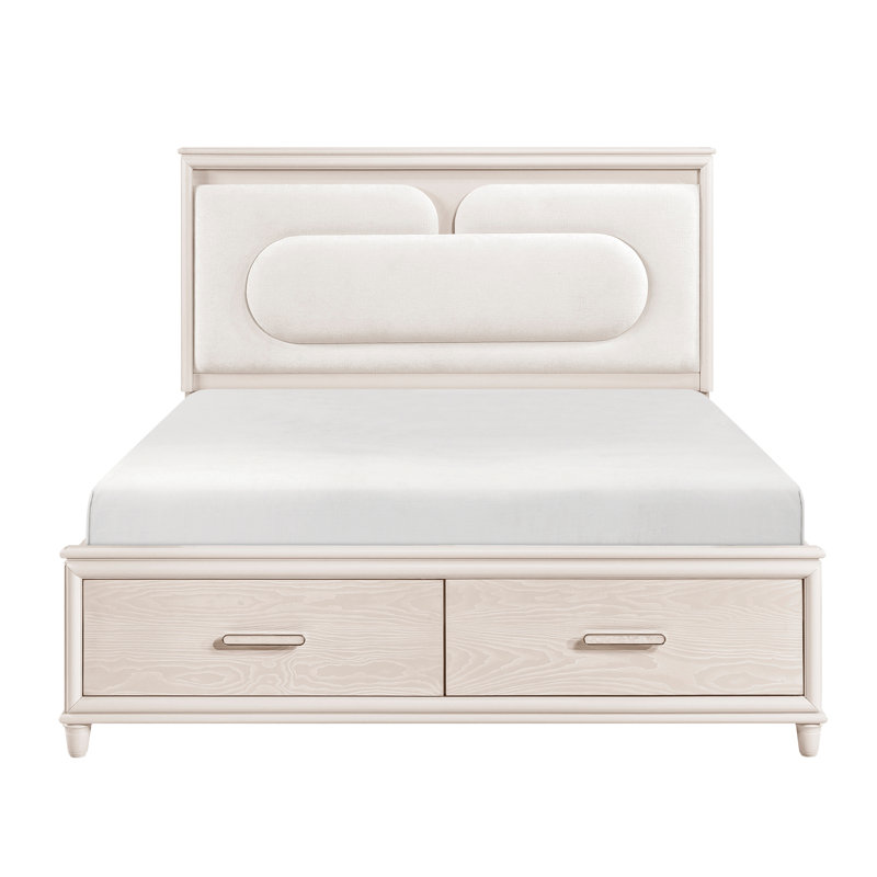 Lit plateforme moderne de luxe avec rangement pour pied de lit et tête de lit en bois clair, Beige clair, Très grand