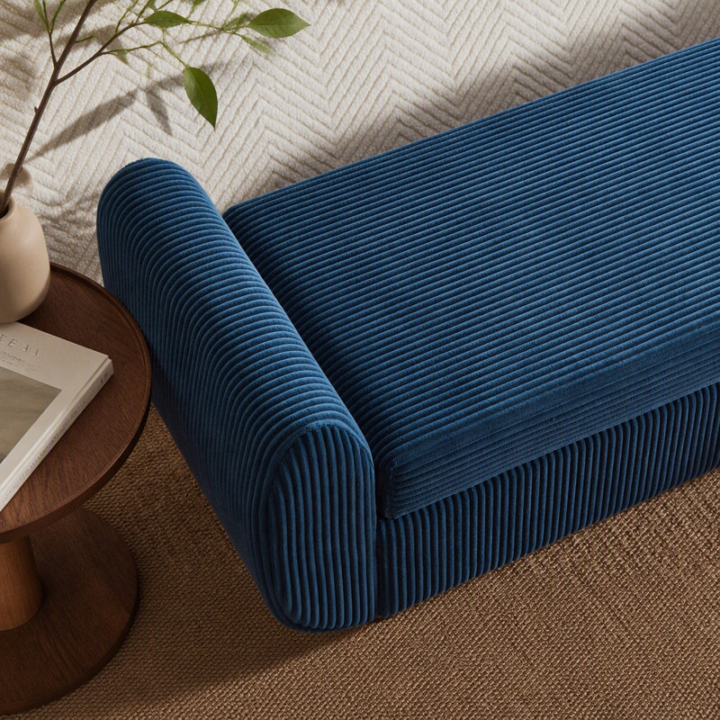 Banc rembourré en velours côtelé avec rangement 57 po, Bleu