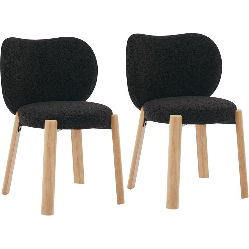 Set of 2 Heart Back Teddy Vanity Chairs, Armless Makeup Seats with Wood Legs for Bedrooms and Dressing Rooms, Black, 2