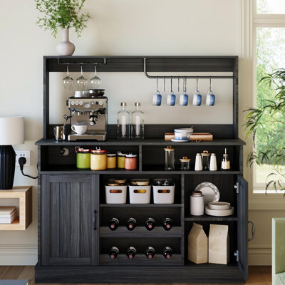 Armoire à café avec porte-bouteilles et porte-gobelets, buffet de style campagnard 47 po avec rangement, garde-manger autoportant pour salle à manger, gris