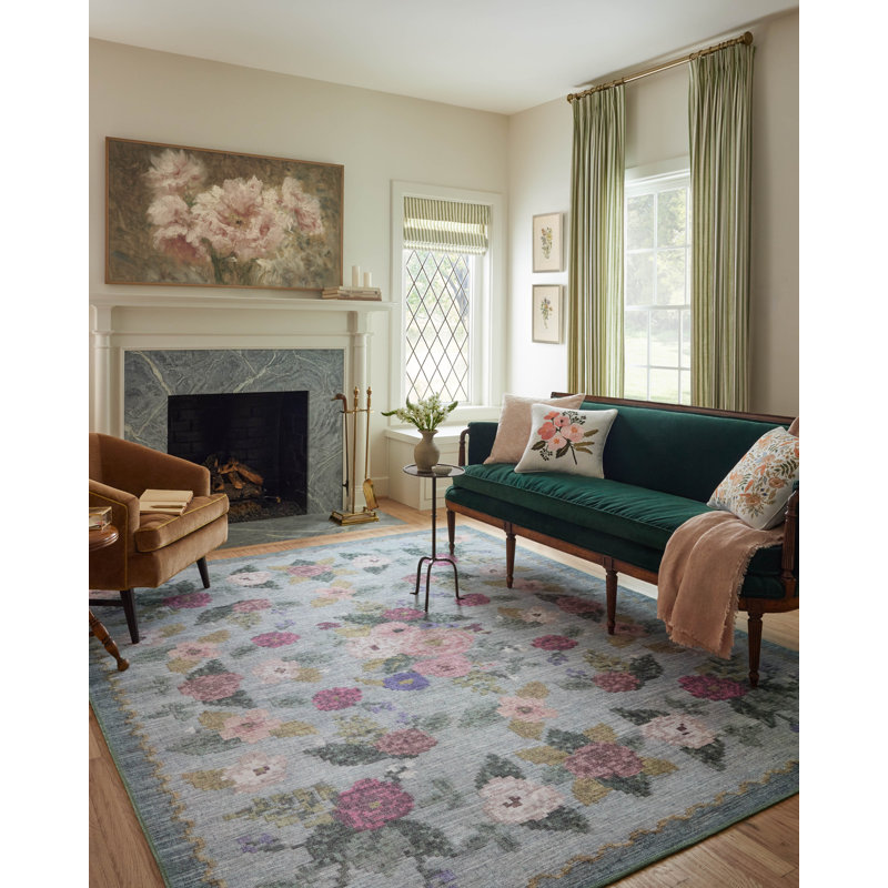 Sky Blue Floral Synthetic Area Rug, 3'-9" x 5'-6"