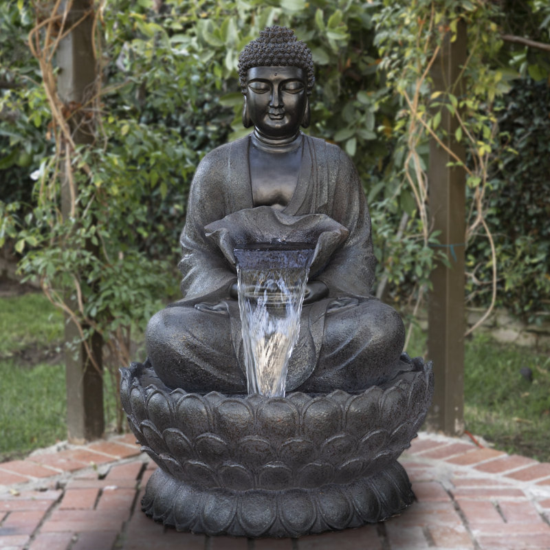 Fontaine de plancher statue de Bouddha avec lumières DEL, 53 po, gris, Noir