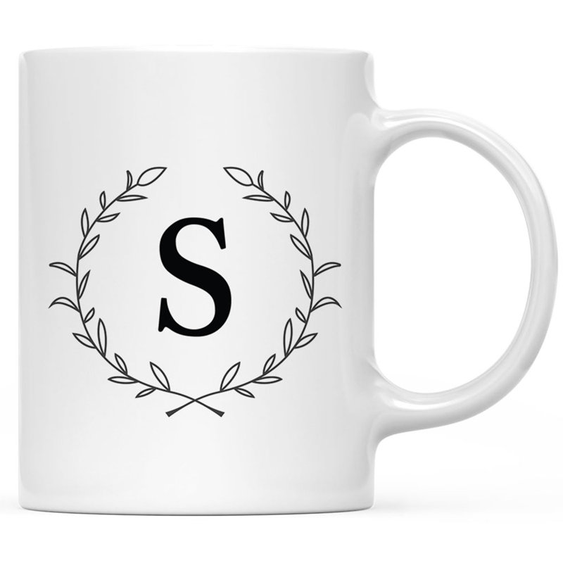 Custom Monogram Initial Coffee Mug Gift Letters A-Z, Laurel Wreath Custom 11Oz Ceramic Coffee Mug, 1-Pk, Yes